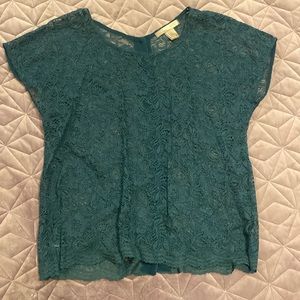 Emerald green lace top with buttons down back, size L